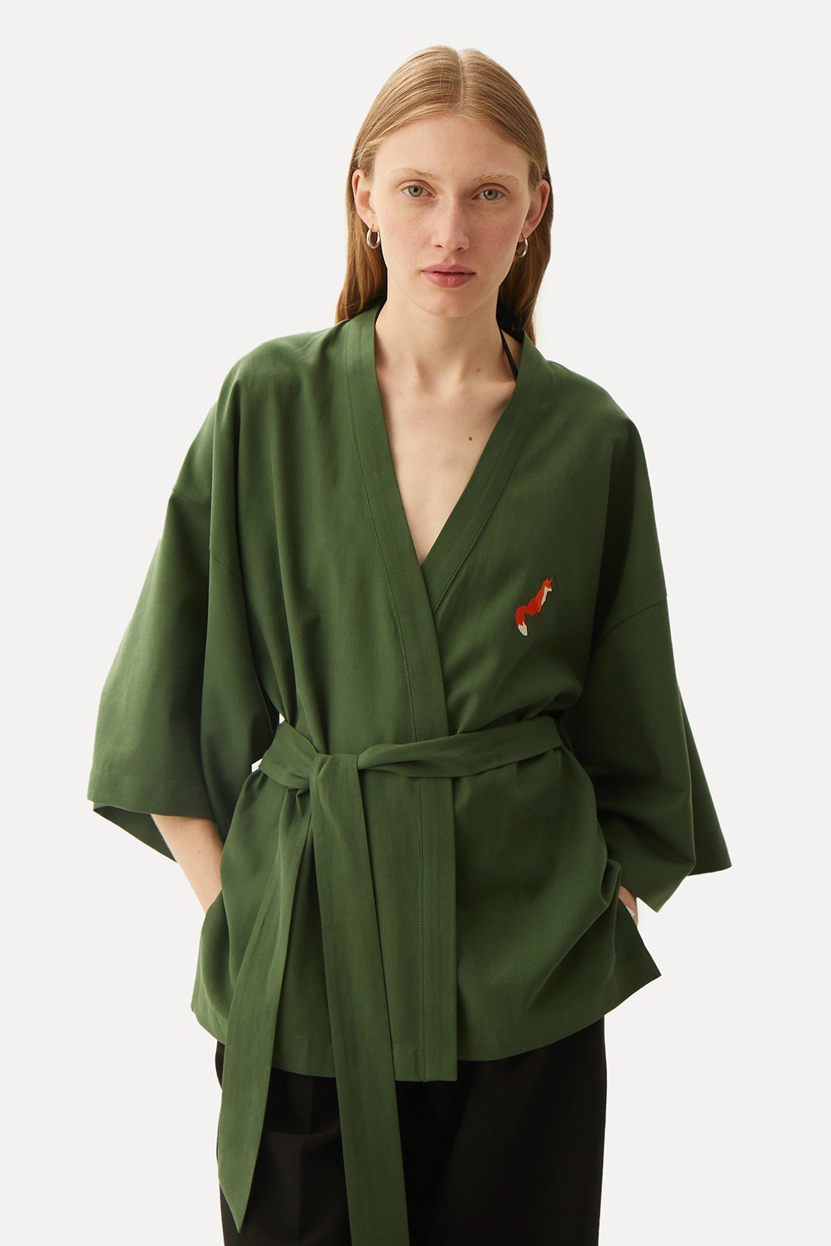 Kızıl Tilki Kısa Kollu Tencel Kimono - Haki