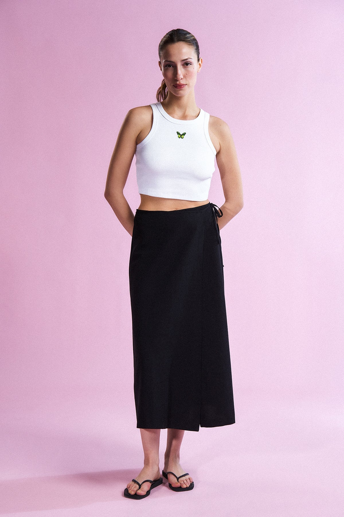 Goliath Kuş Kanatlı Kelebek Halter Yaka Ribana Crop Top - Beyaz