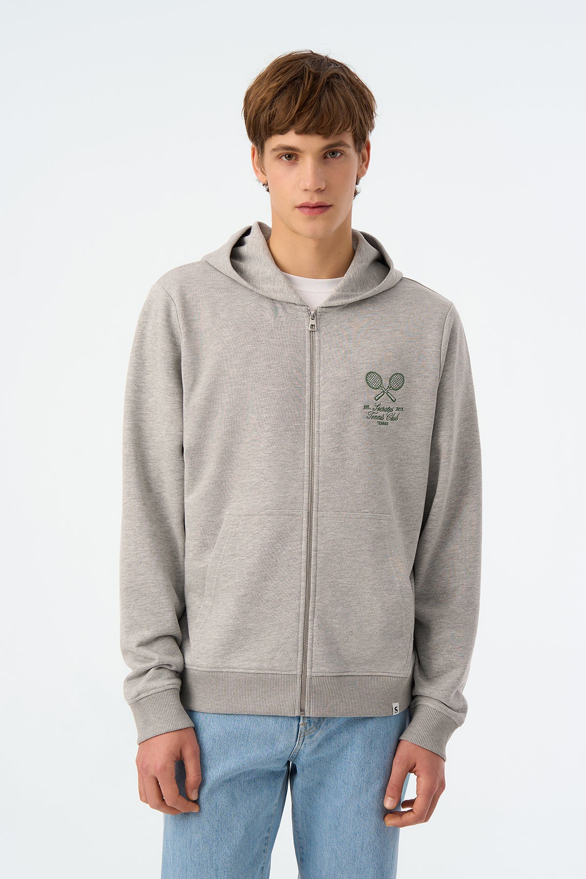 Tennis Club Soft Fleece Fermuarlı Hoodie - Gri Melanj