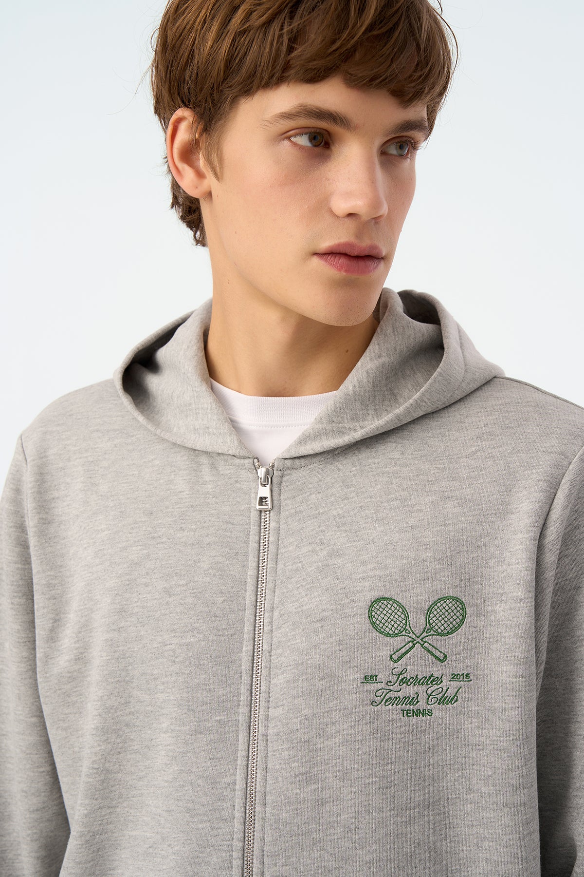 Tennis Club Soft Fleece Fermuarlı Hoodie - Gri Melanj