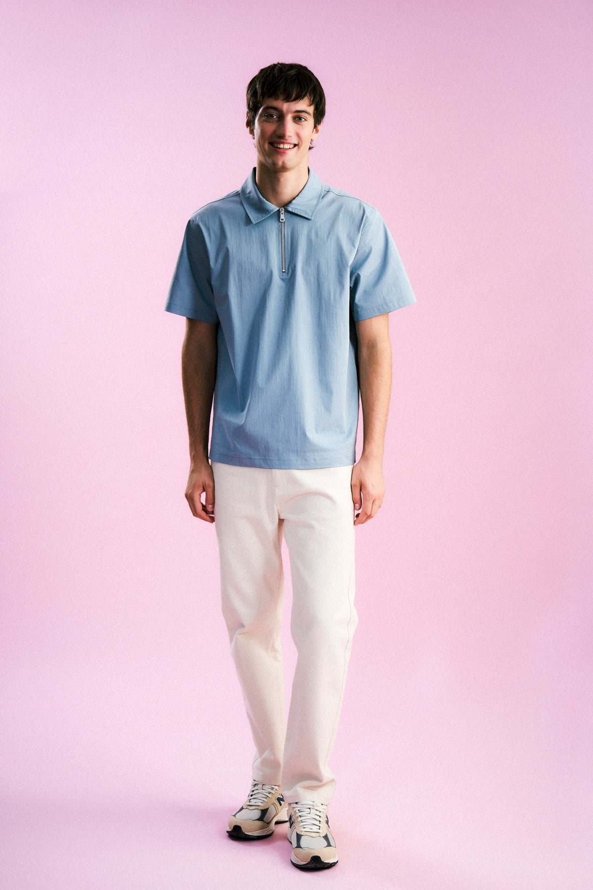 Basic Quarter-Zip Polo Yaka Dokuma T-Shirt - Buz Mavisi