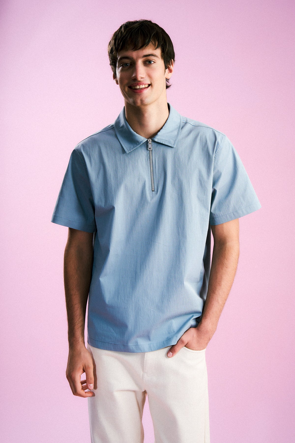 Basic Quarter-Zip Polo Yaka Dokuma T-Shirt - Buz Mavisi