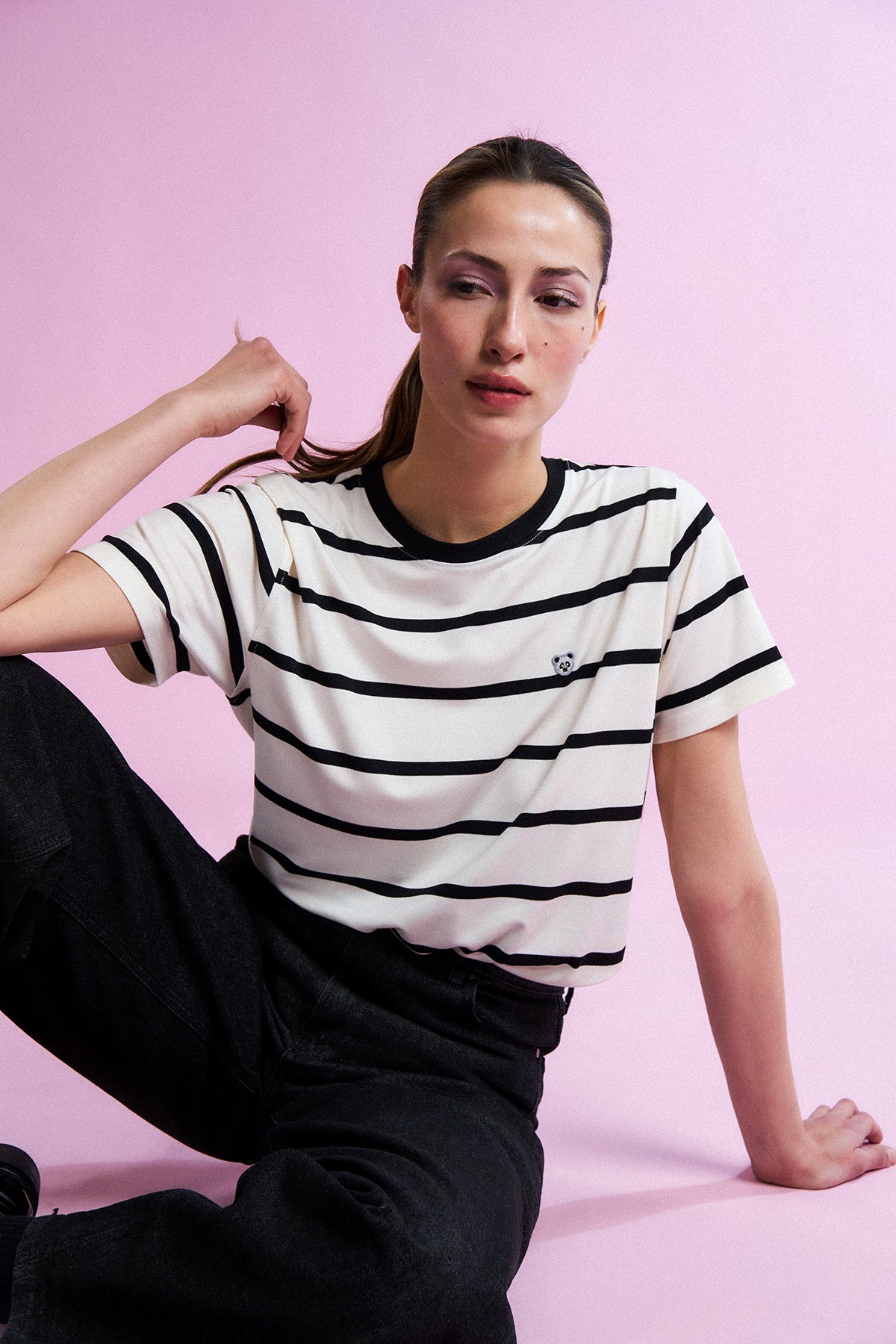 Panda Çizgili T-Shirt - Siyah/Bej