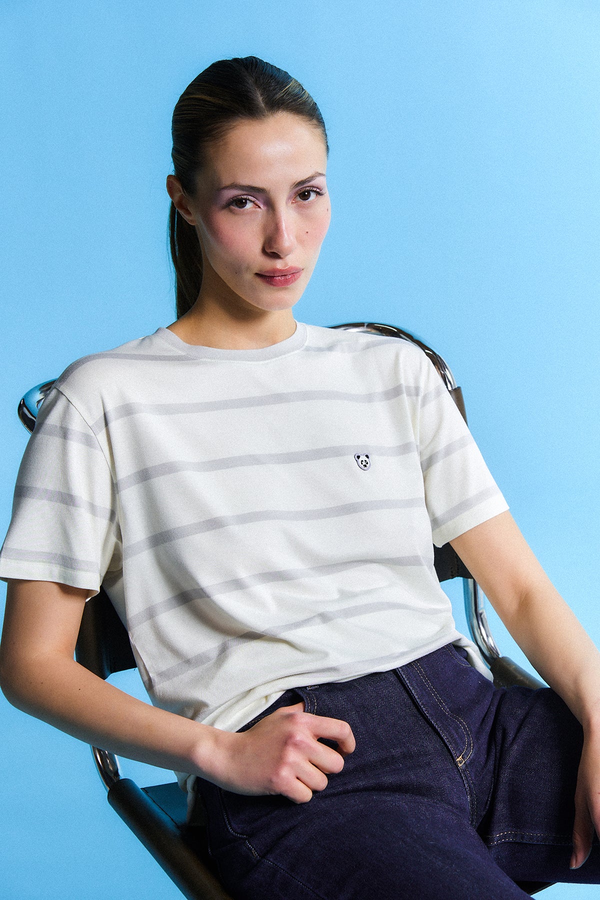 Panda Çizgili T-Shirt - Gri/Bej