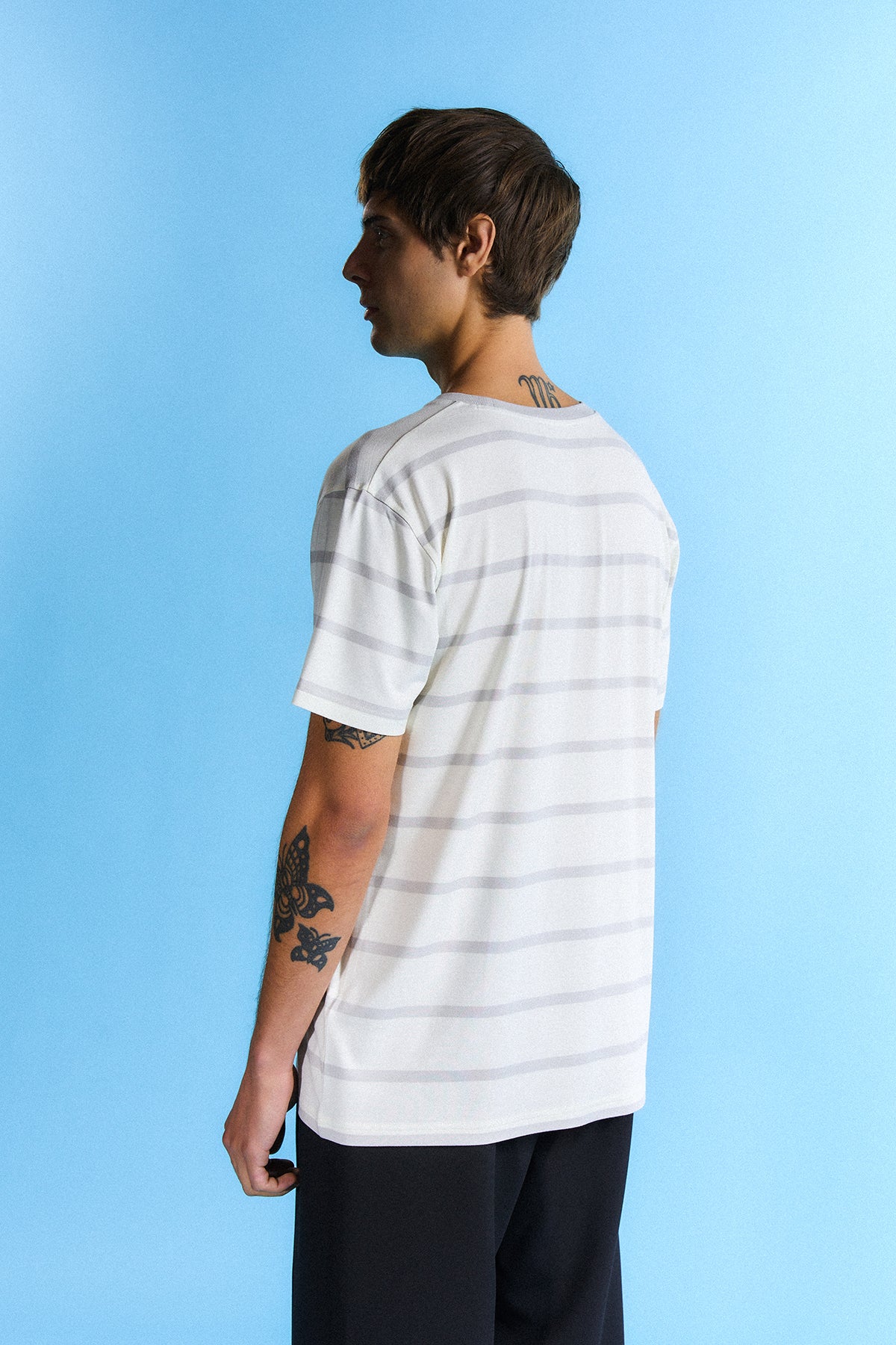 Panda Çizgili T-Shirt - Gri/Bej