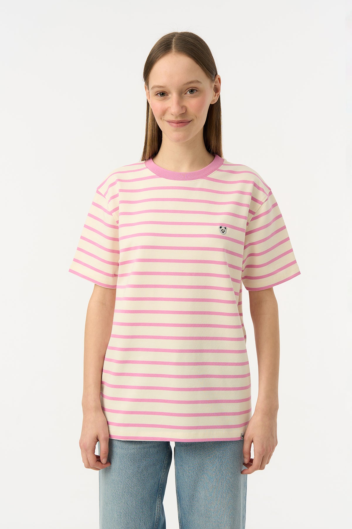 Panda Heavyweight Çizgili T-Shirt - Pembe /Ekru