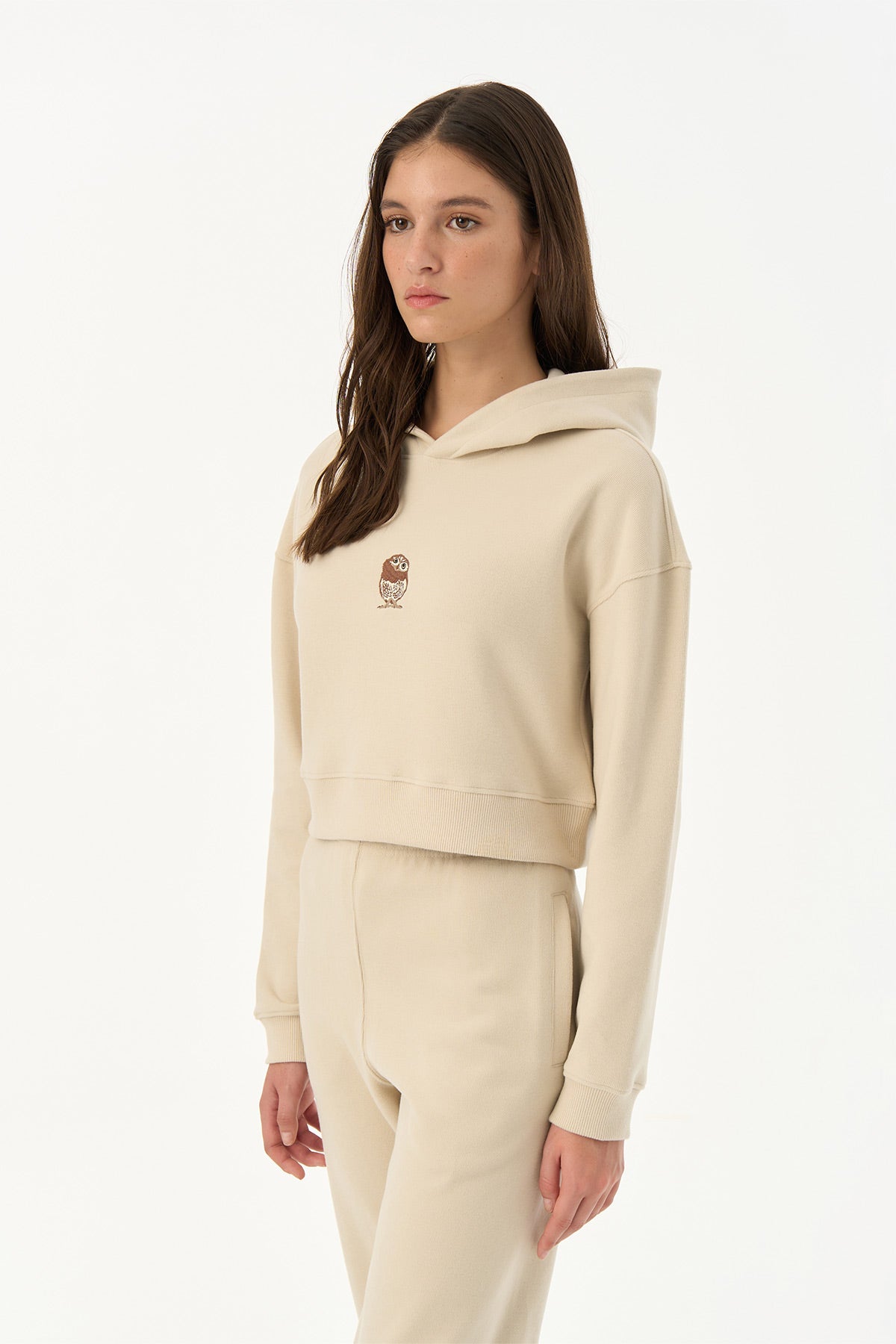 Cin Baykuşu SuperSoft Crop Hoodie - Parşömen Bej · 2