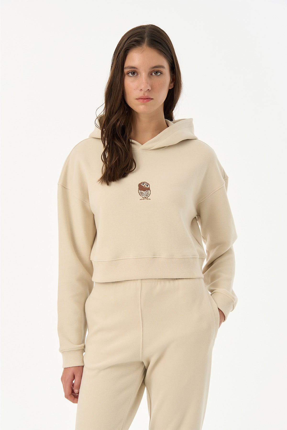 Cin Baykuşu SuperSoft Crop Hoodie - Parşömen Bej
