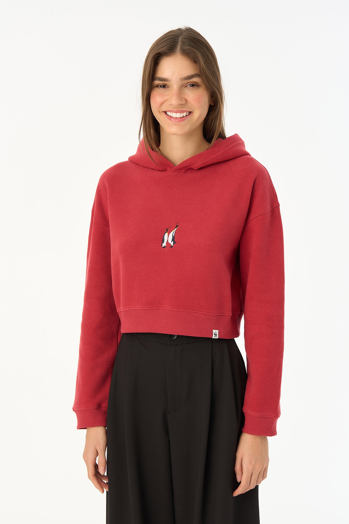 İmparator Penguen Super Soft Crop Hoodie - Kırmızı