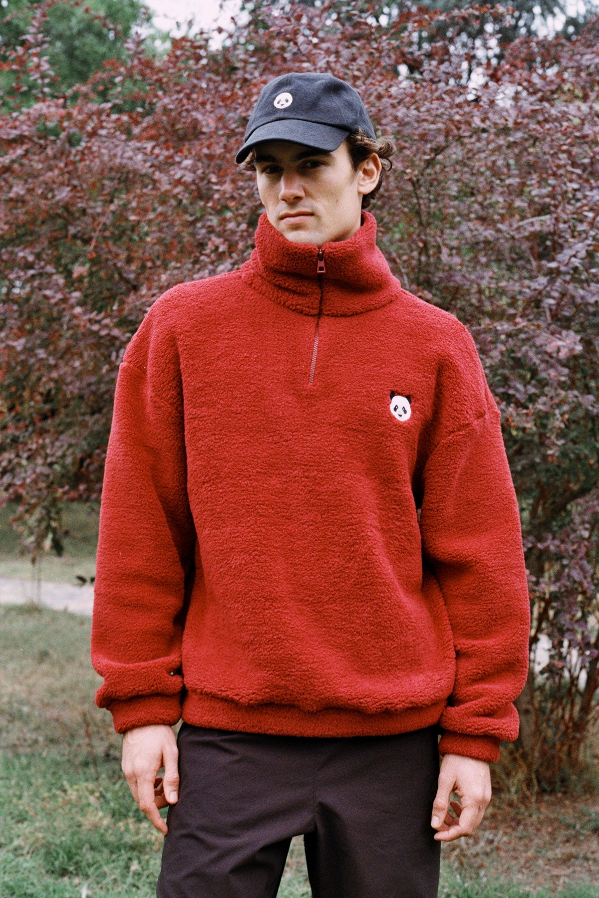 Panda Sherpa Quarter-Zip Sweatshirt - Bordo