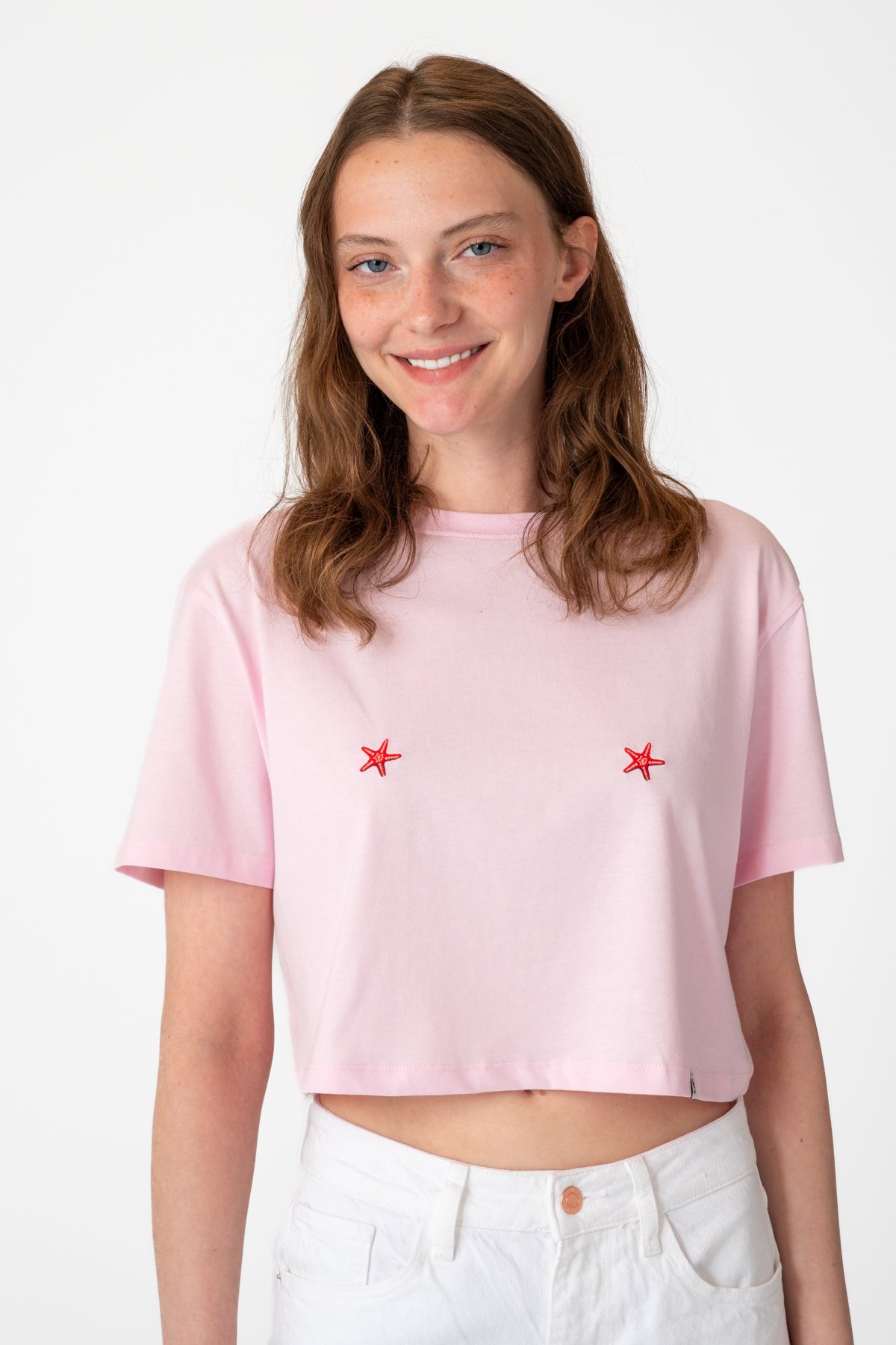 Deniz Yıldızları Light-Weight Crop T-Shirt  - Pembe