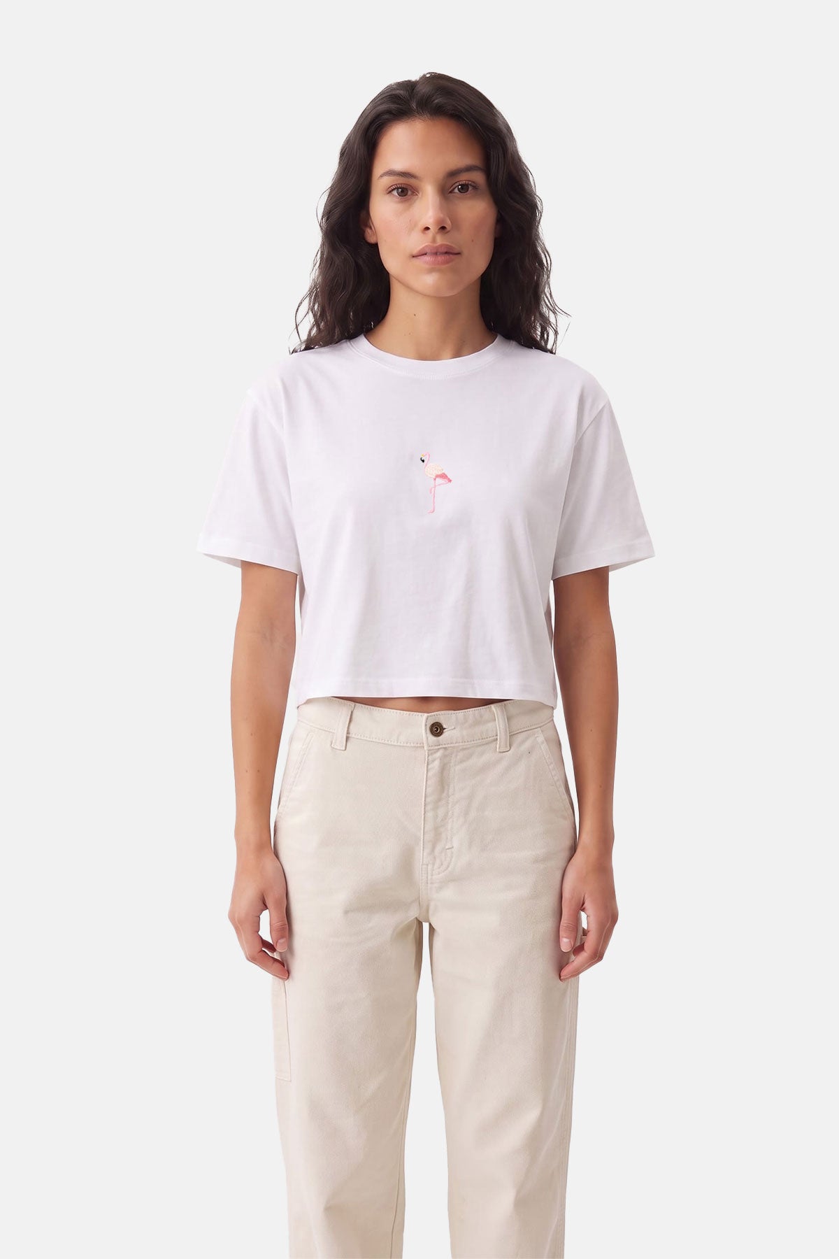 Flamingo Premium Crop T-Shirt - Beyaz · 2