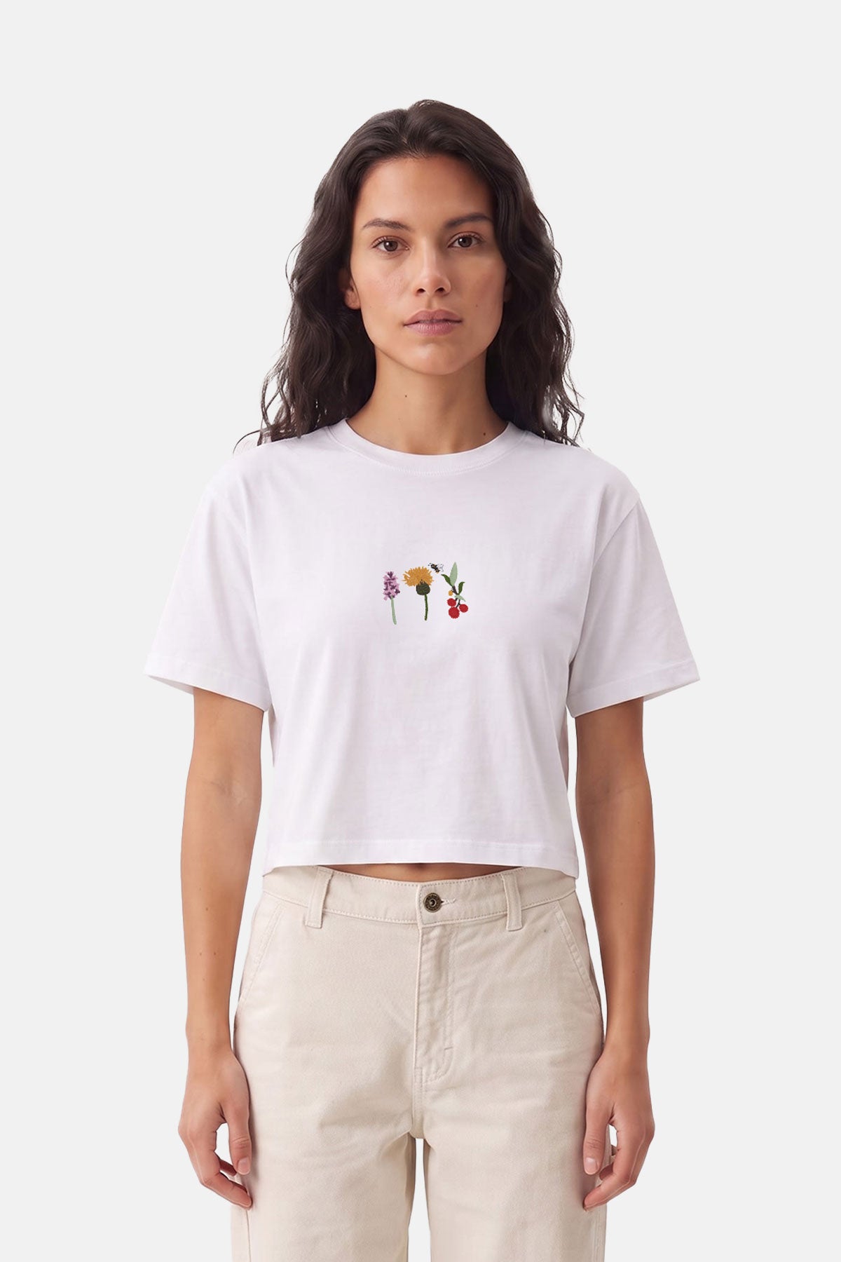 Flowers Premium Crop T-Shirt - Beyaz · 2